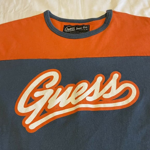 *SOLD* Vintage Guess Jeans USA Orange/Blue Size L/XL Tee Shirt *Made In USA - Picture 3 of 9